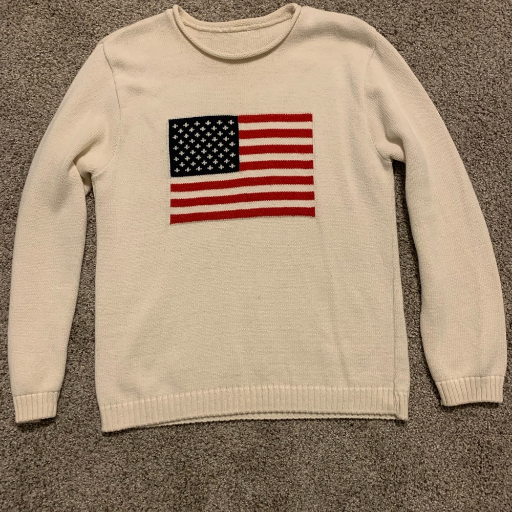 Cream Knit Roll Neck Sweater with American Flag Design